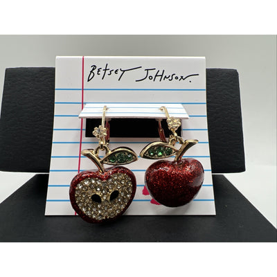 Betsey Johnson Back To School Red Apple Crystal Mismatch Fruit Drop Earrings Set