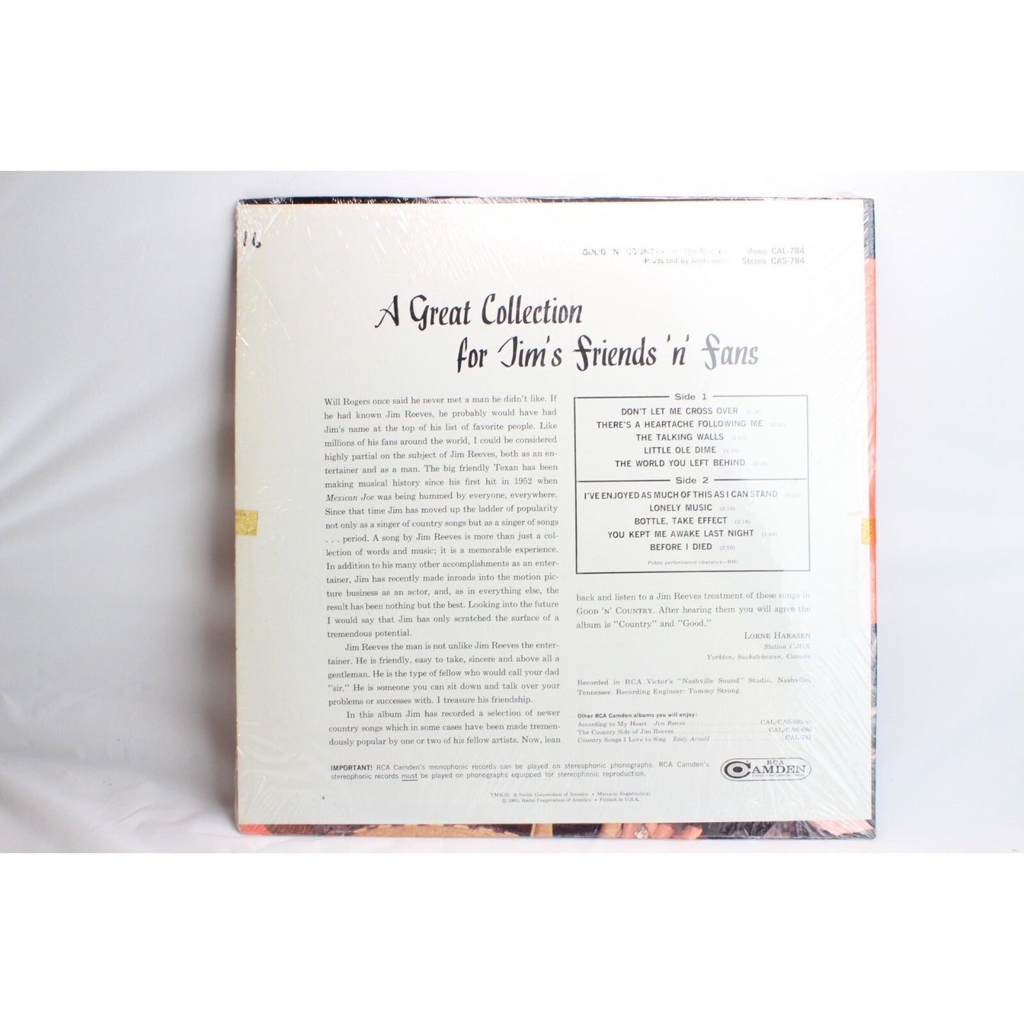 Jim Reeves Good 'N Country Vinyl Record Tested Used