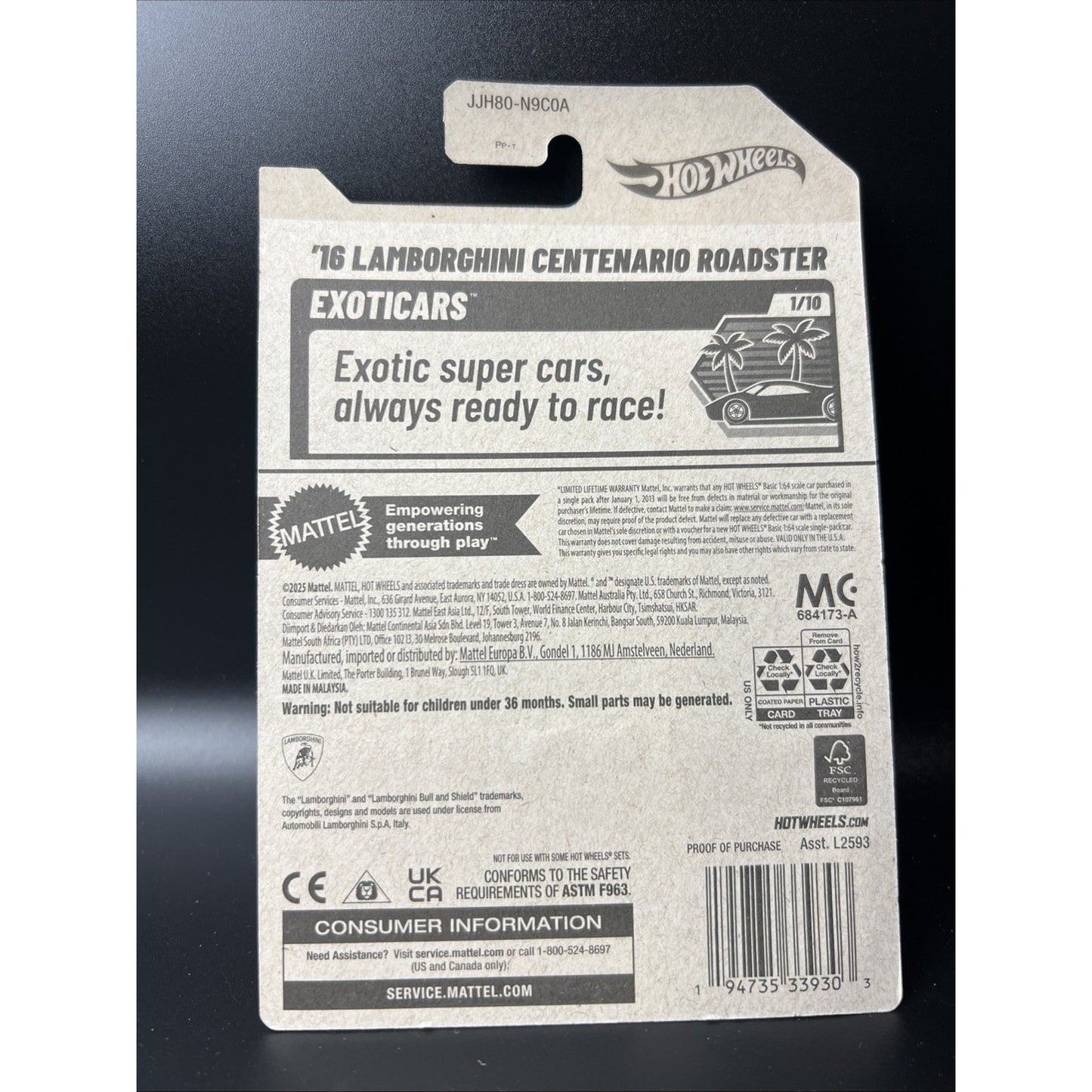 Hot Wheels 2026 Lamborghini Centenario Roadster '16 Super Car 2016 Yellow