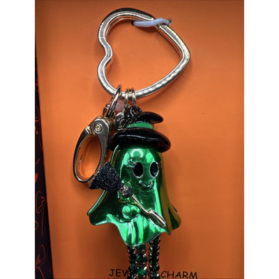 Betsey Johnson Green Ghost Witch With Crystal Bag Charm Halloween Keychain