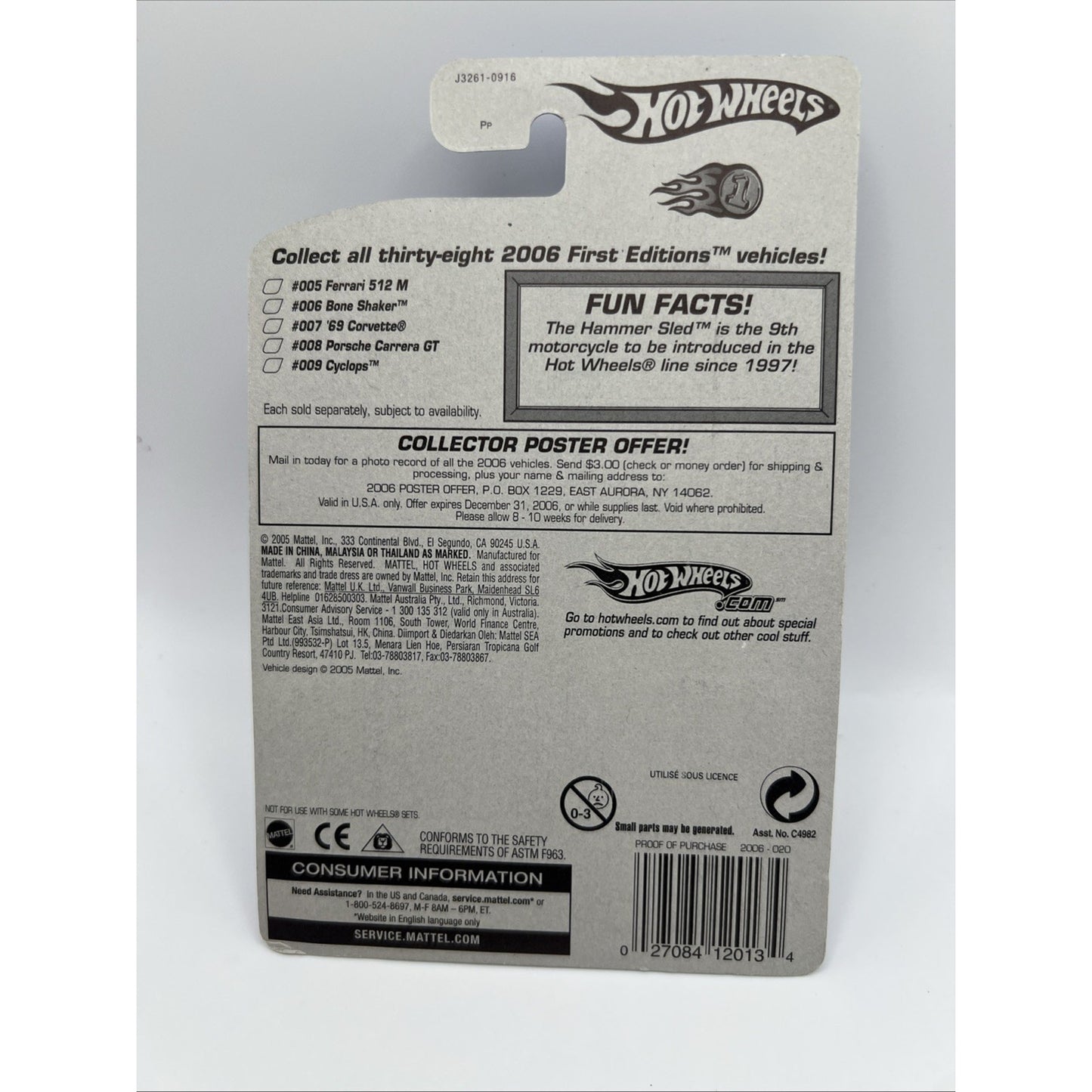 2006 Hot Wheels First Edition Hammer Sled 20/38 Gold Version Color Motorcycle