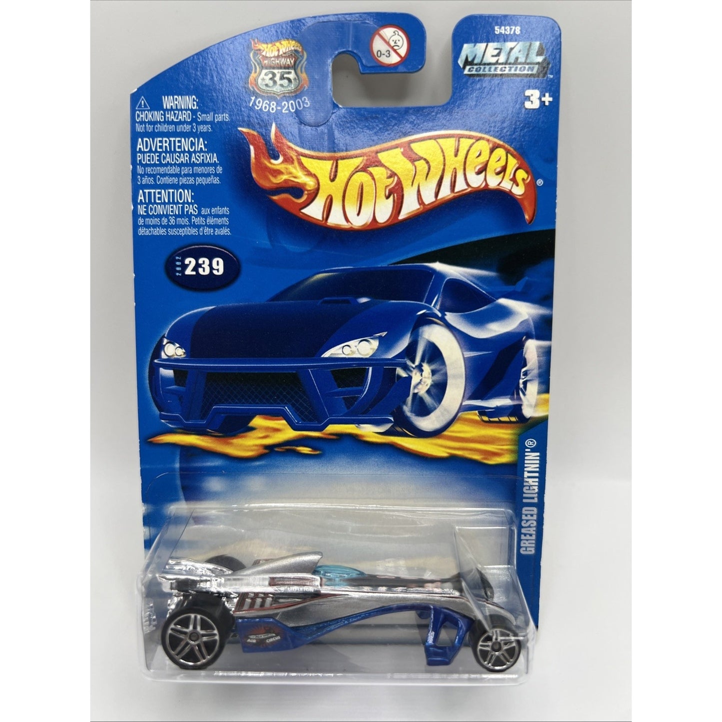 2002 Hot Wheels Mainline/Collector #239 Greased Lightnin' Silver-Blue Race Car