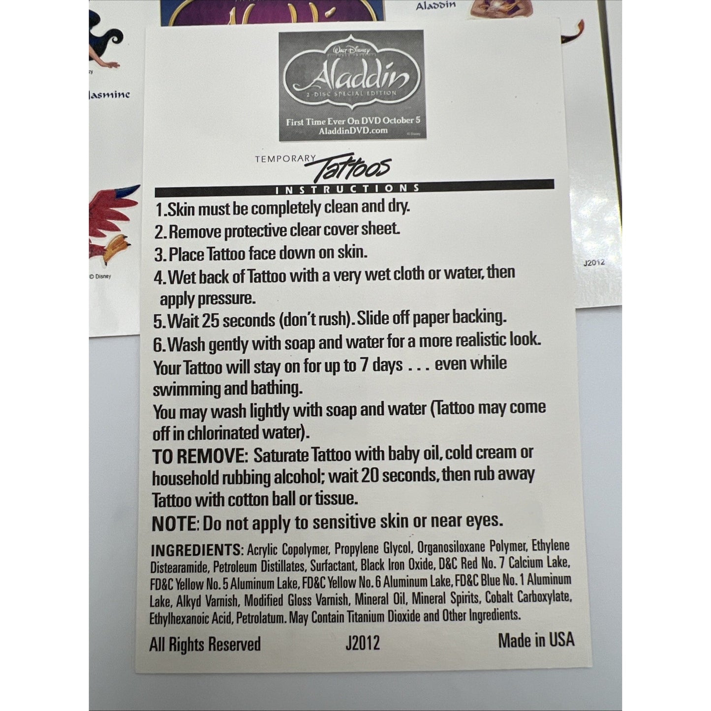 Walt Disney Aladdin DVD Temporary Tattoos Rare 6 Sheets Special Edition Jasmine