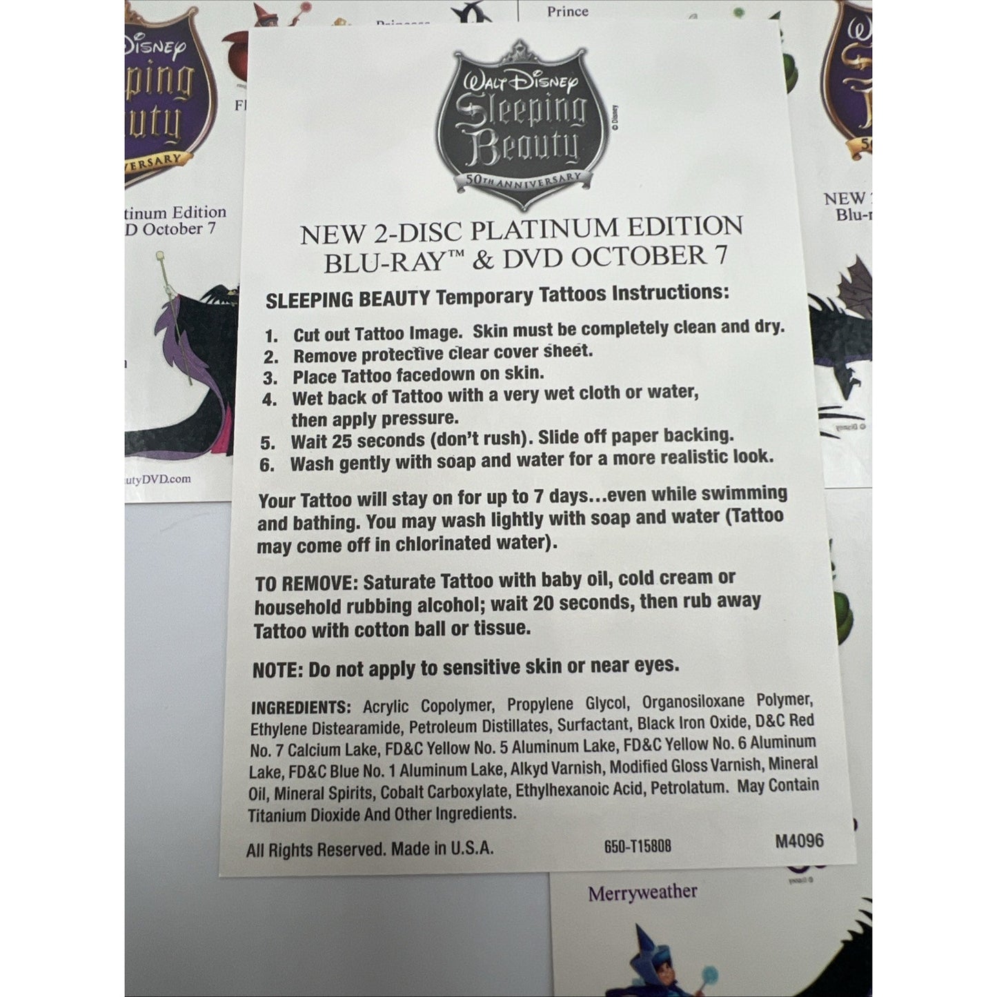 Walt Disney Pictures Sleeping Beauty Tattoo Temporary DVD Tattoos Maleficent 6ct