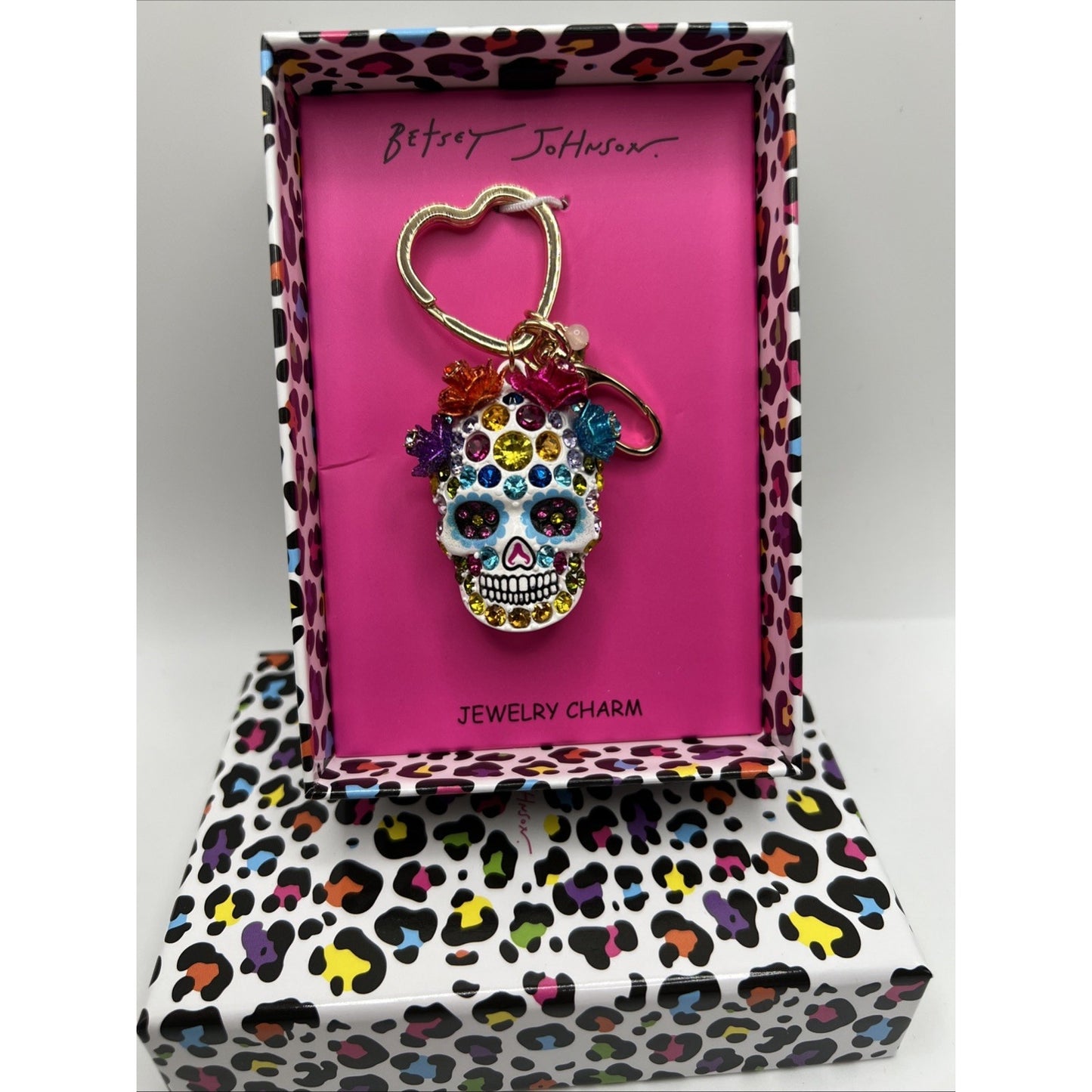 Betsey Johnson White Sugar Skull Jeweled Charm Keychain Bag Charm Day of Dead