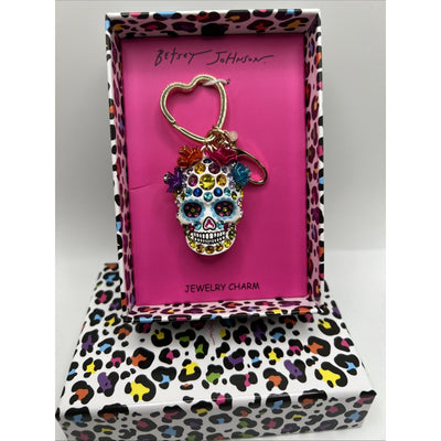 Betsey Johnson White Sugar Skull Jeweled Charm Keychain Bag Charm Day of Dead