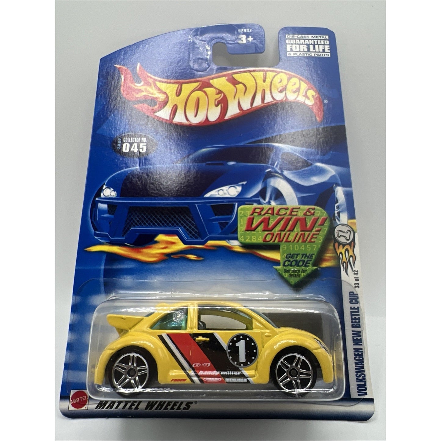 Hot Wheels 2002 First Editions Volkswagen New Beetle Cup #45 Yellow Bug Race Car
