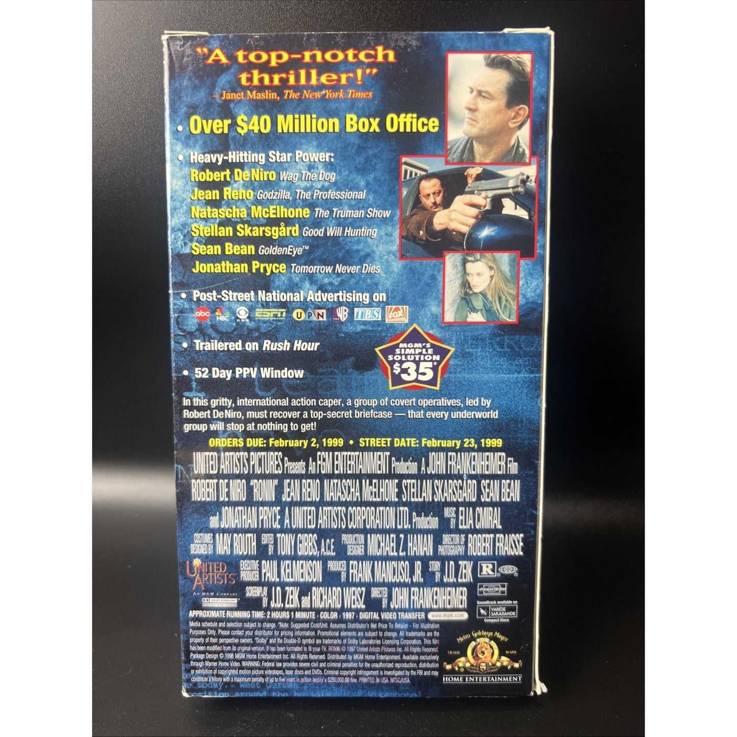 Ronin - Robert De Niro VHS RARE Full Length Screening Cassette Tape MGM Demo