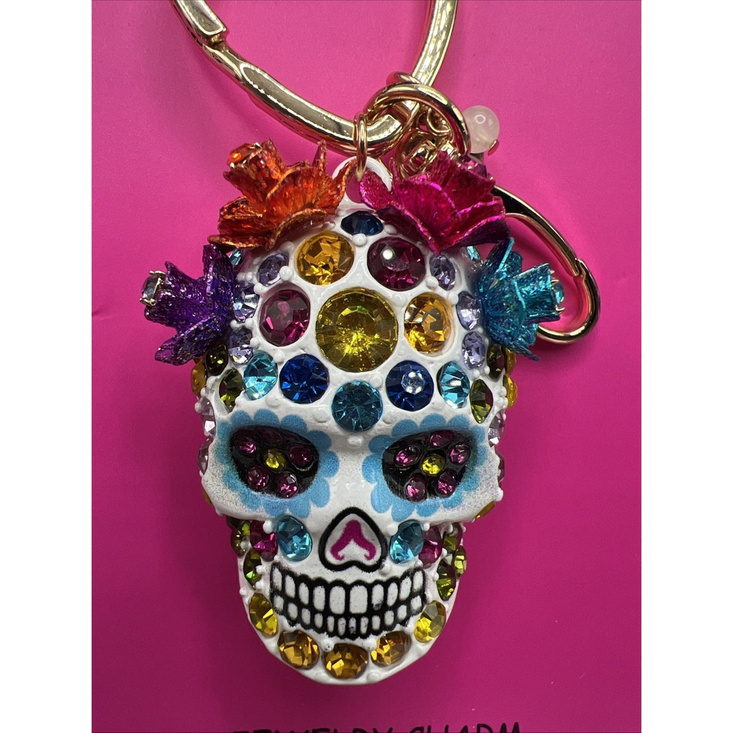 Betsey Johnson White Sugar Skull Jeweled Charm Keychain Bag Charm Day of Dead