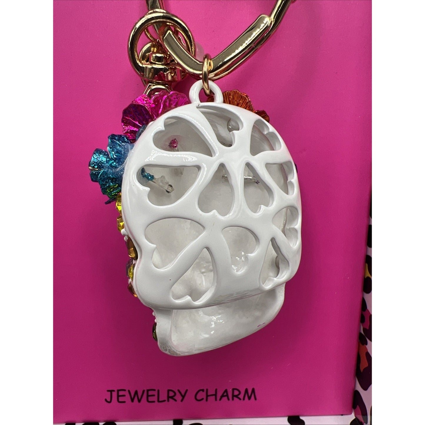 Betsey Johnson White Sugar Skull Jeweled Charm Keychain Bag Charm Day of Dead