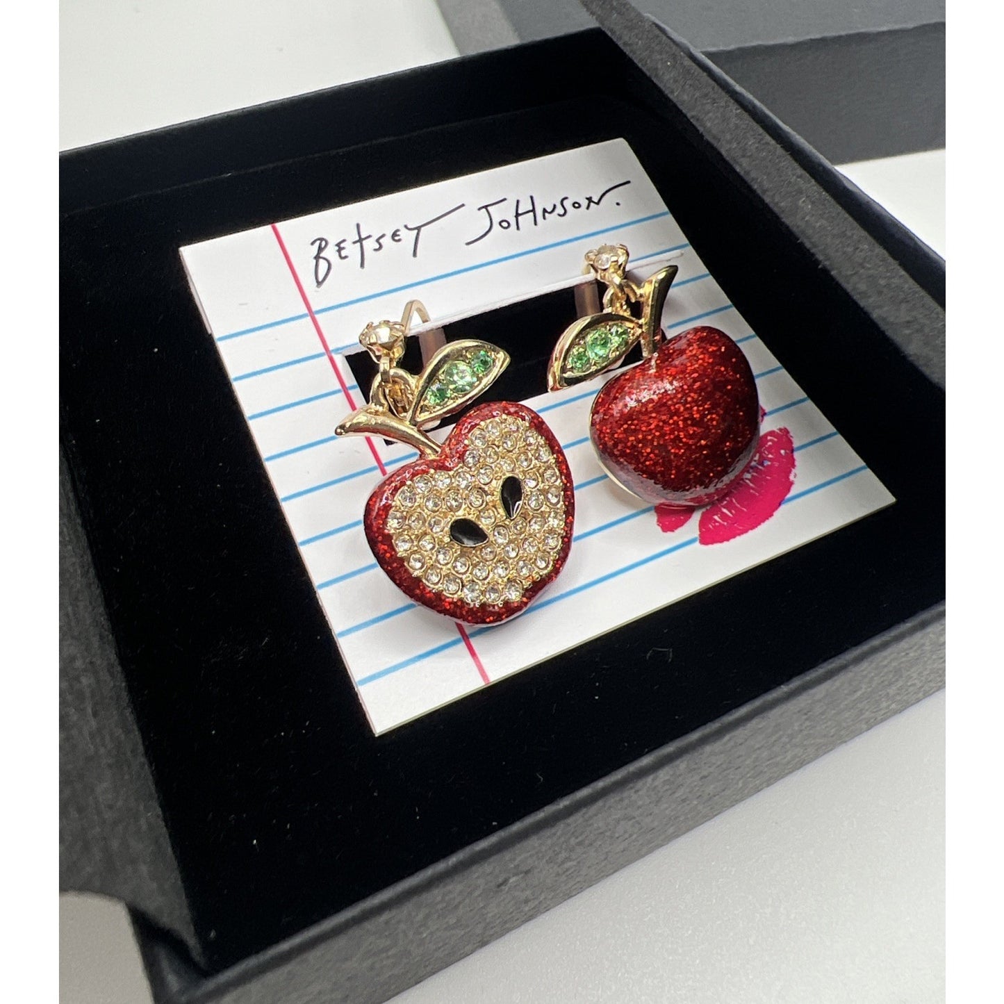 Betsey Johnson Back To School Red Apple Crystal Mismatch Fruit Drop Earrings Set