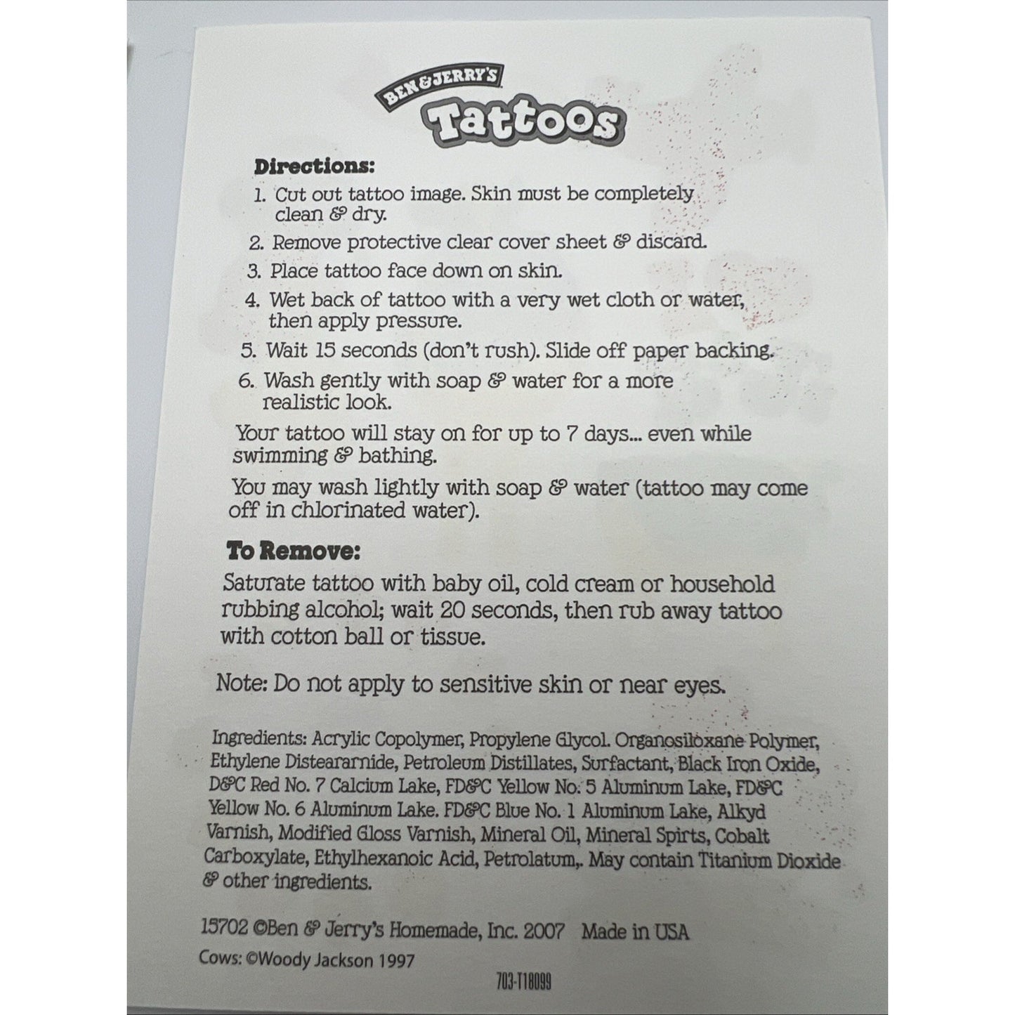 2007 Ben & Jerry's Ice Cream Milk Temporary Tattoos Vintage Cow Tattoo 6 Pages