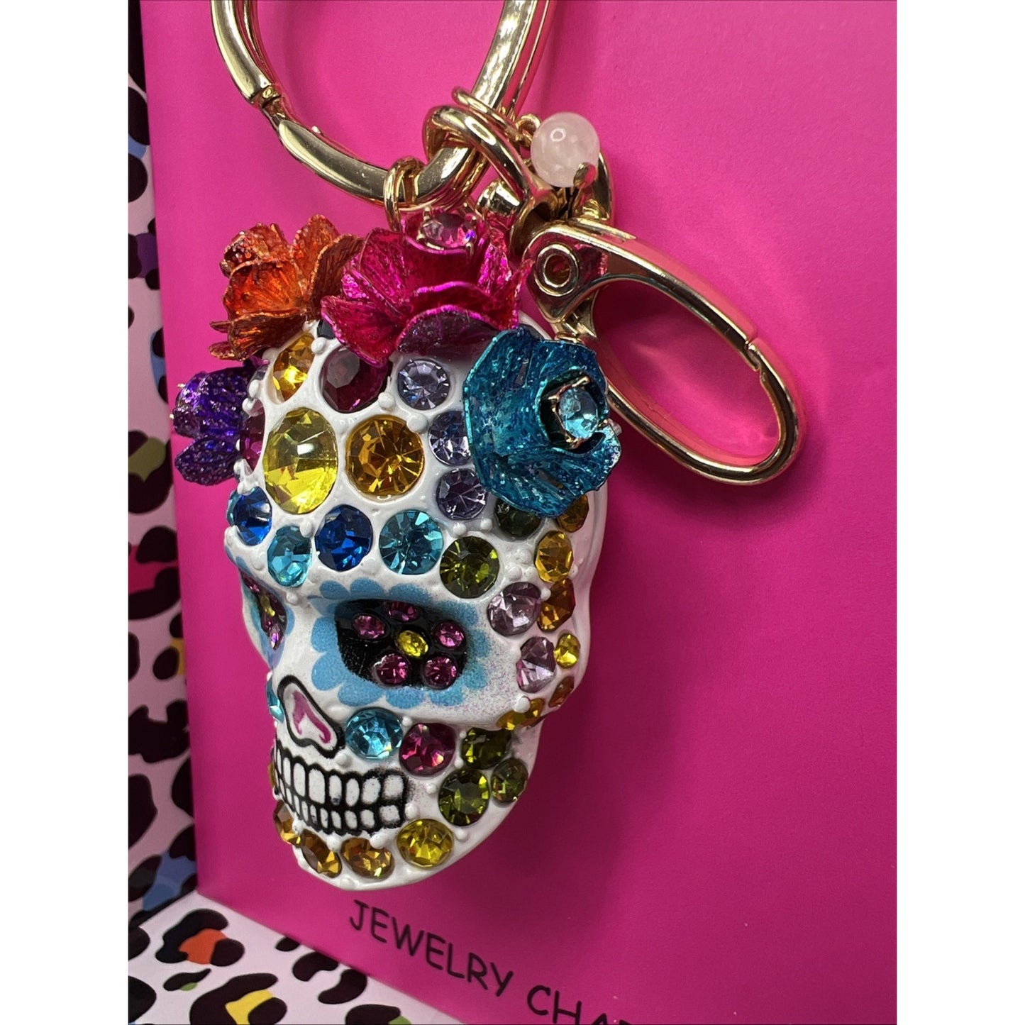 Betsey Johnson White Sugar Skull Jeweled Charm Keychain Bag Charm Day of Dead