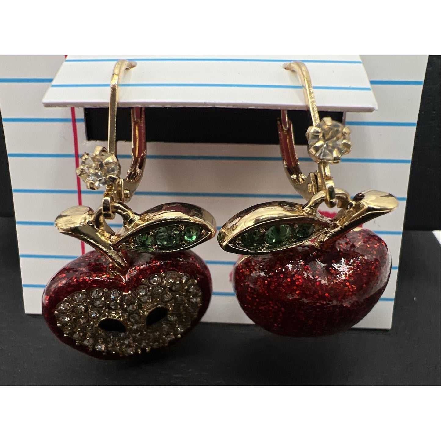 Betsey Johnson Back To School Red Apple Crystal Mismatch Fruit Drop Earrings Set