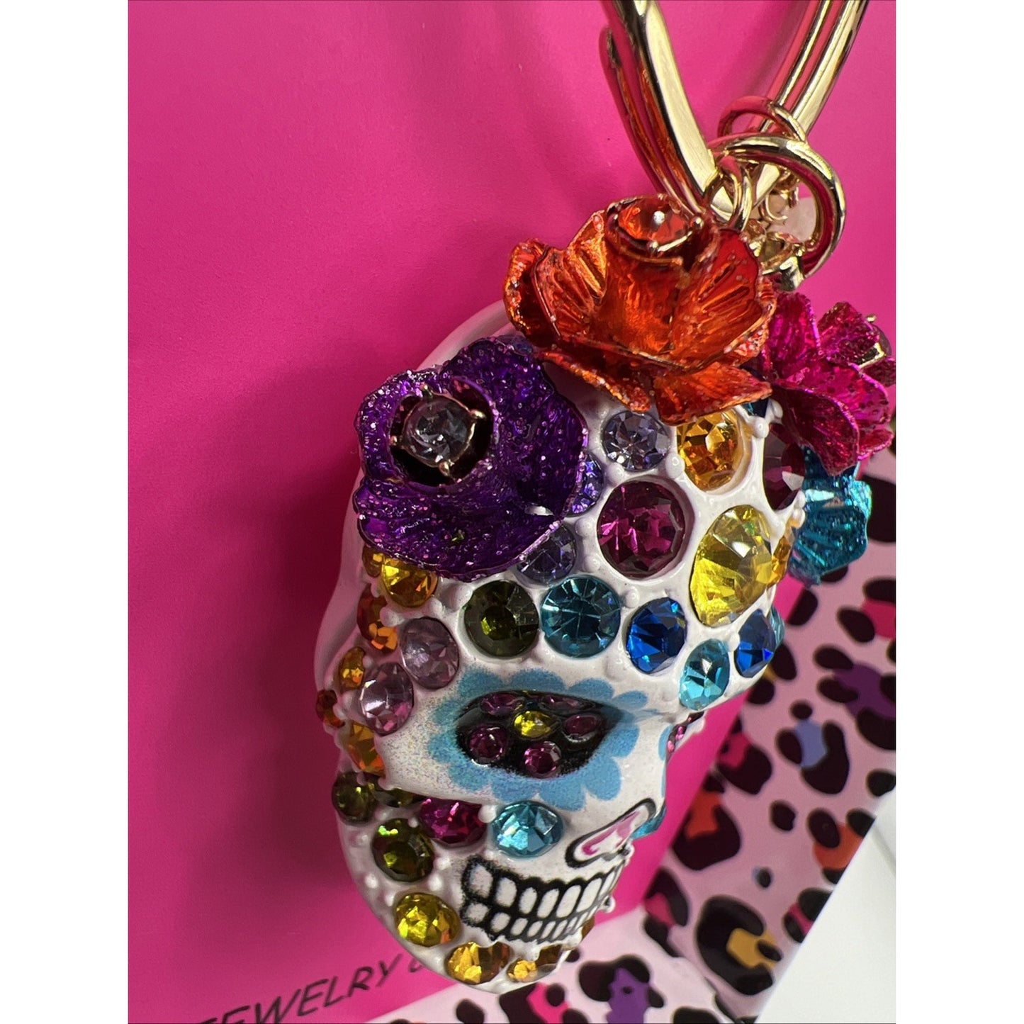 Betsey Johnson White Sugar Skull Jeweled Charm Keychain Bag Charm Day of Dead