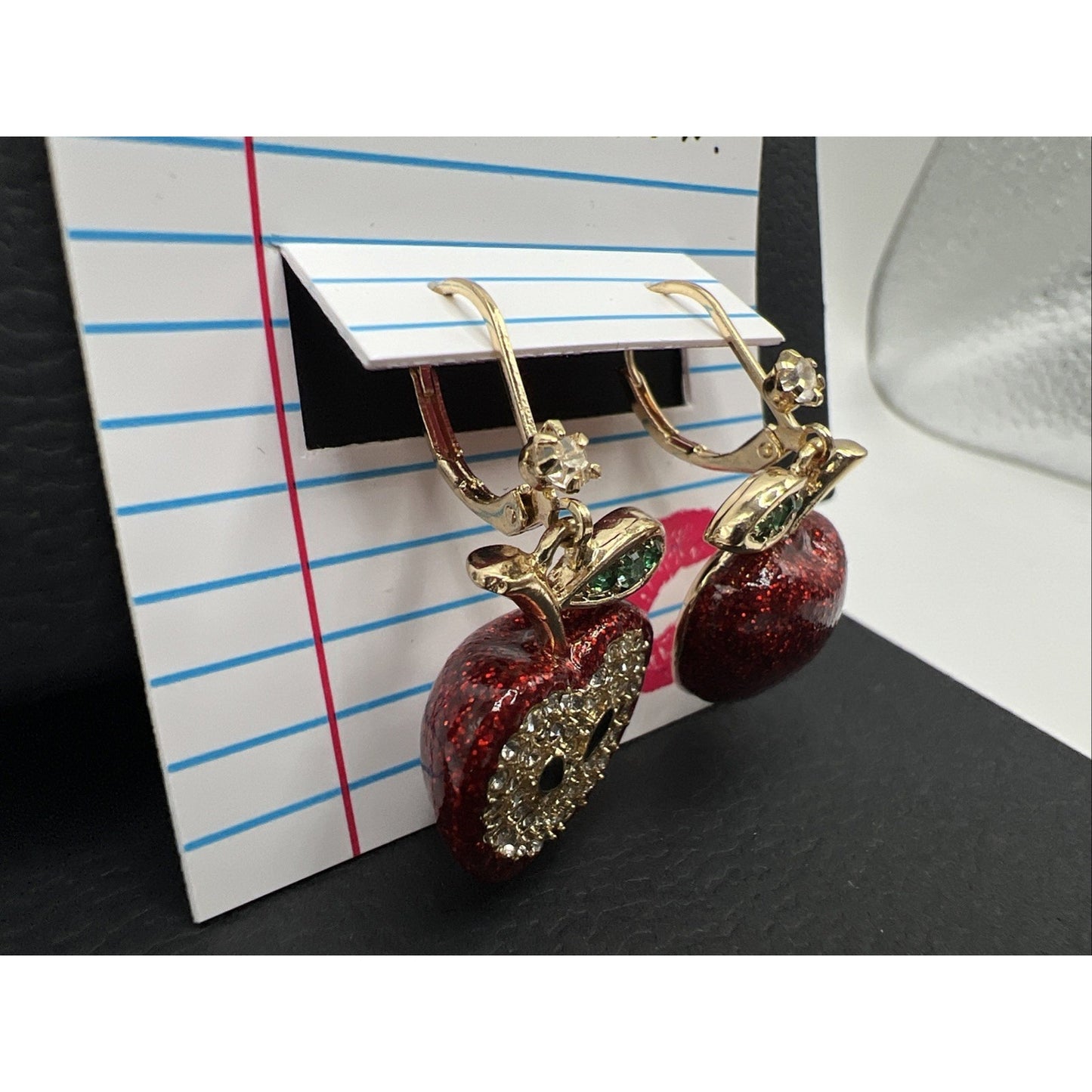 Betsey Johnson Back To School Red Apple Crystal Mismatch Fruit Drop Earrings Set