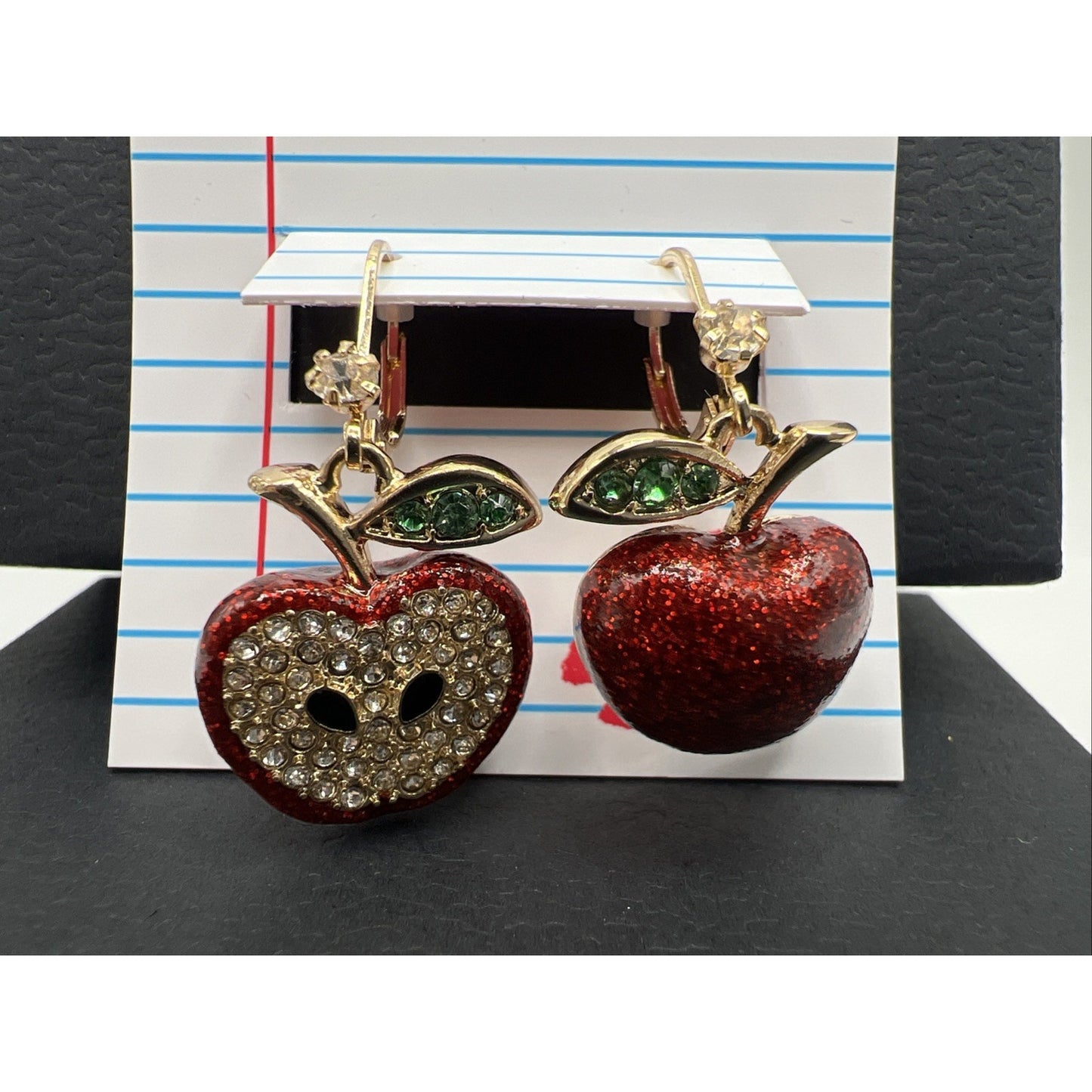 Betsey Johnson Back To School Red Apple Crystal Mismatch Fruit Drop Earrings Set