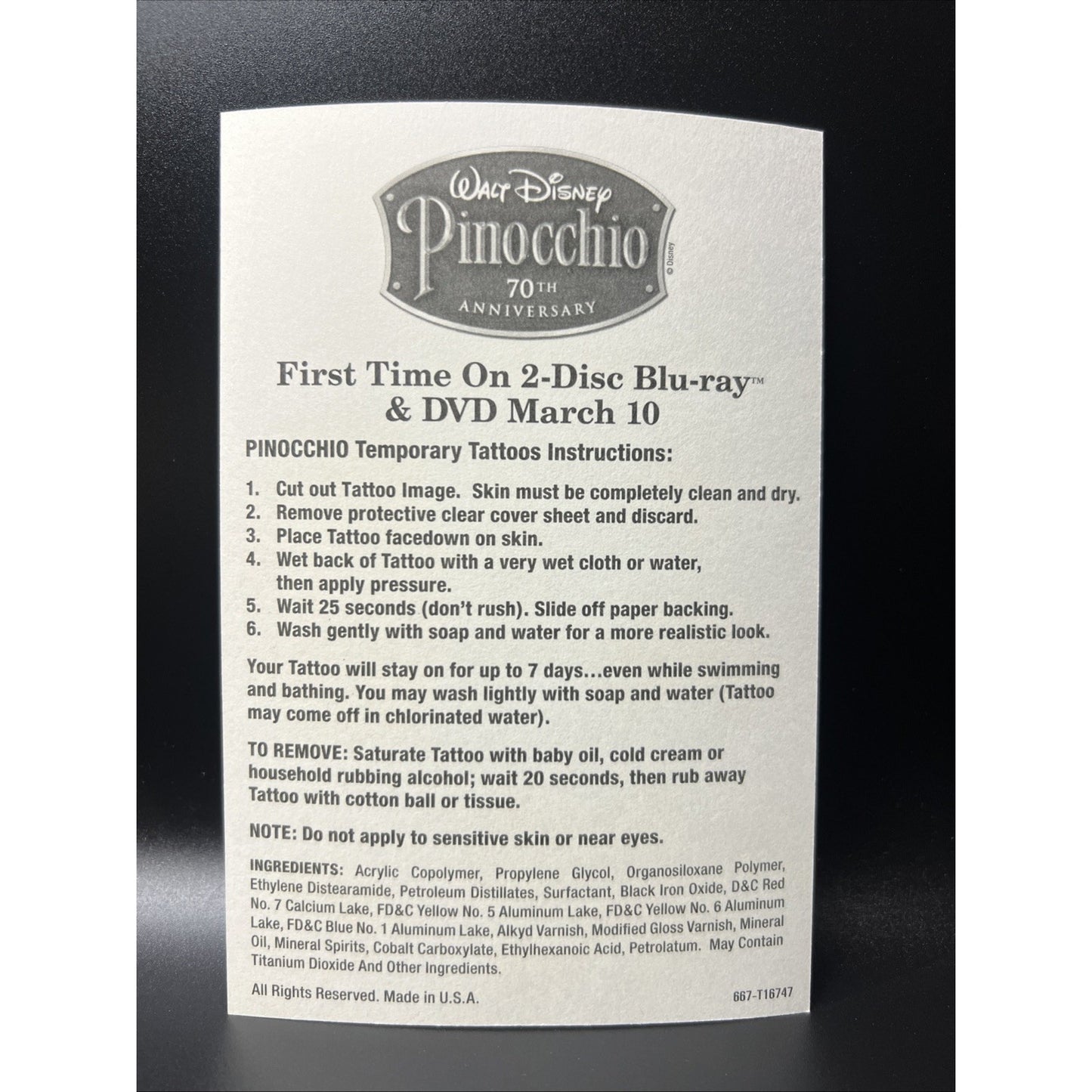 Walt Disney Pinocchio 70th Anniversary DVD Temporary Tattoo 6 Pack Rare Tattoos