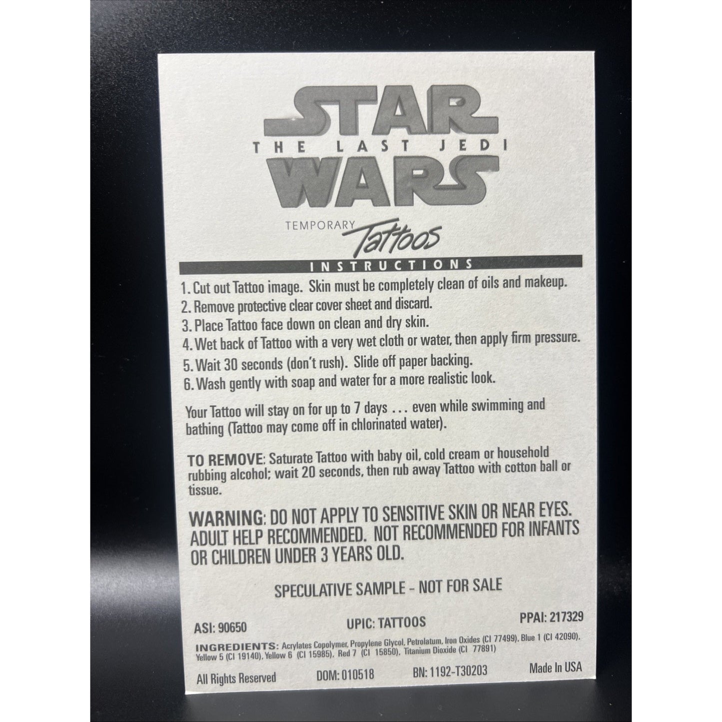 Rare Collectible Star Wars The Last Jedi Temporary Tattoos Vintage Tattoo 10 Ct