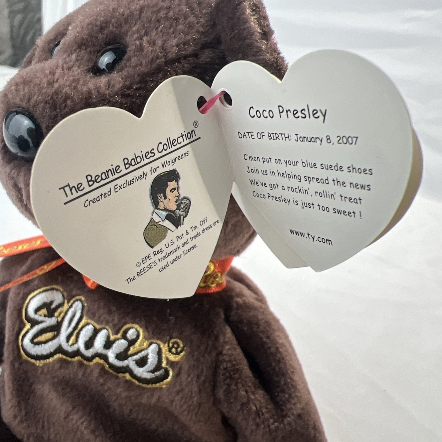 Elvis Presley Ty Beanie Baby Reeses Ribbon "Coco Presley" Bear 2007 Super Rare