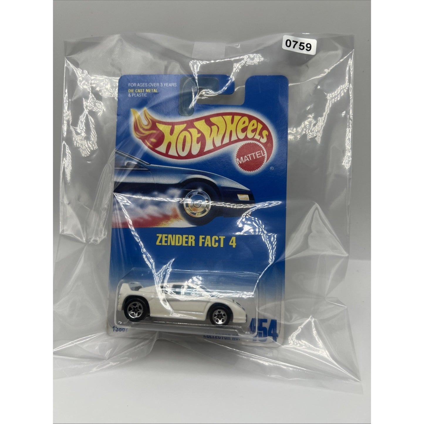 1991 Hot Wheels Blue White Card #454 ZENDER FACT 4 Chrome 5 Spoke Wheels