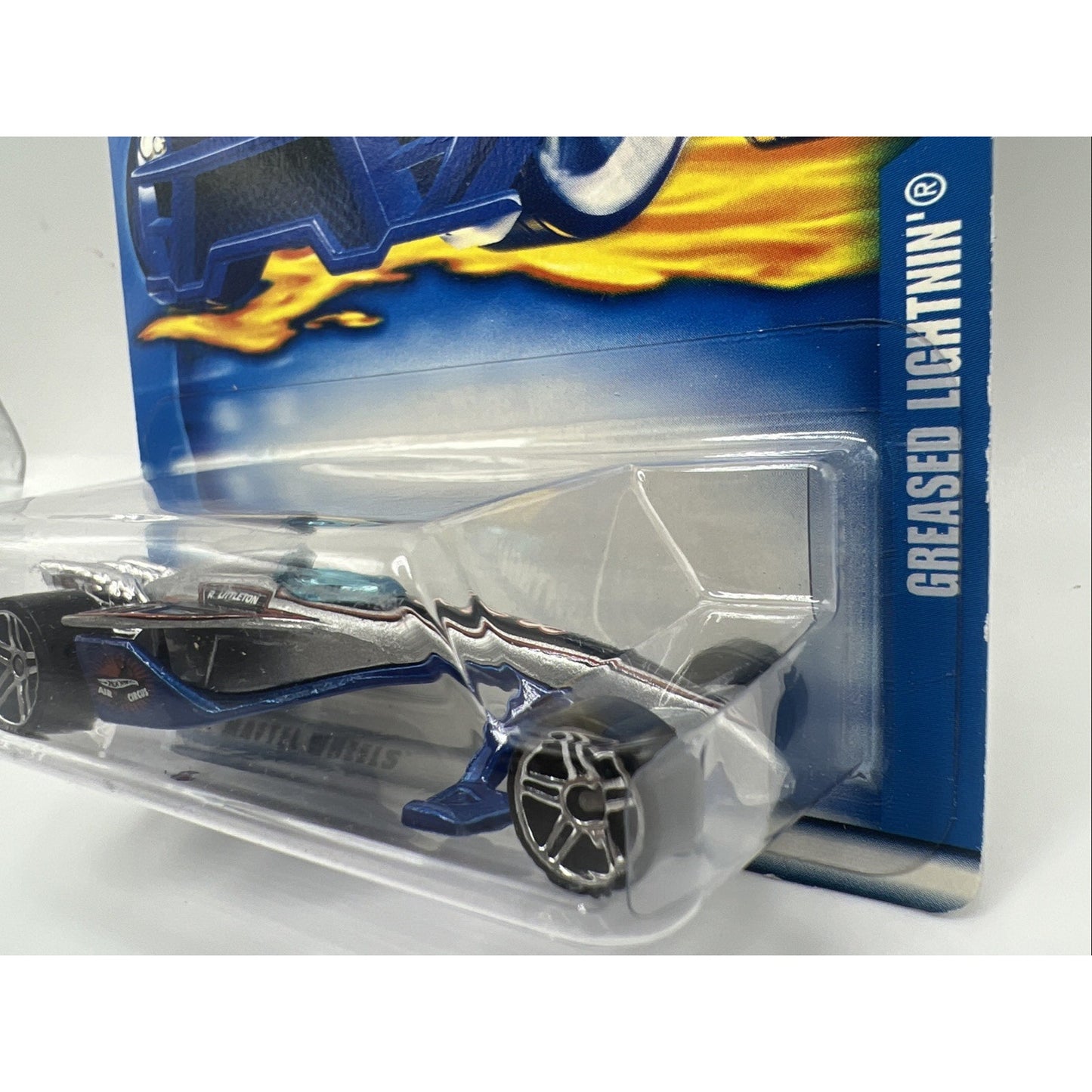 2002 Hot Wheels Mainline/Collector #239 Greased Lightnin' Silver-Blue Race Car