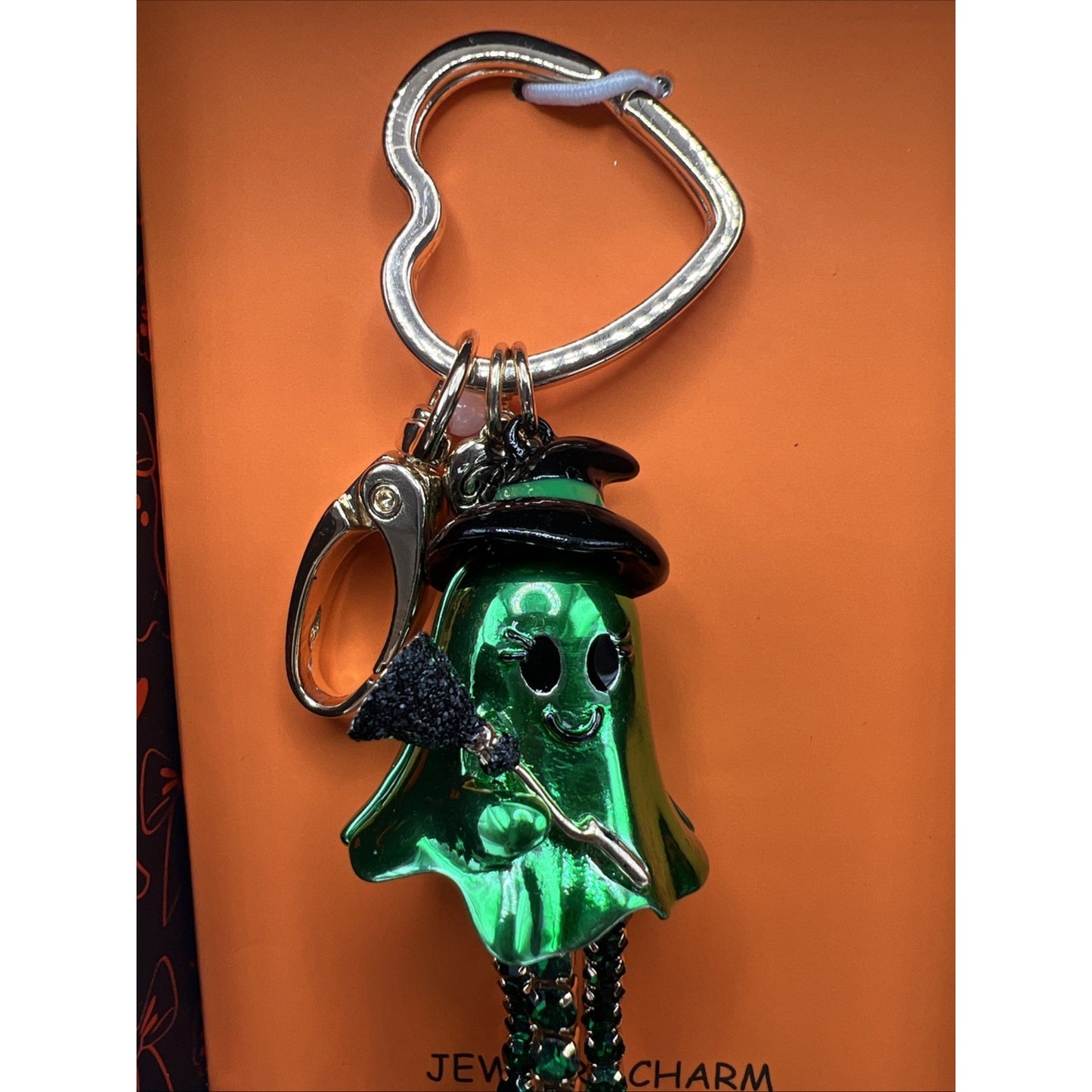 Betsey Johnson Green Ghost Witch With Crystal Bag Charm Halloween Keychain