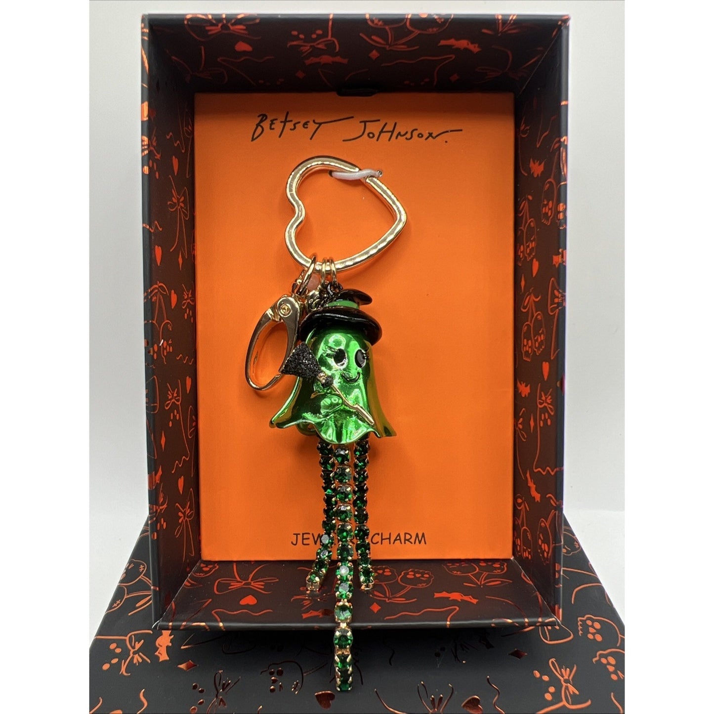 Betsey Johnson Green Ghost Witch With Crystal Bag Charm Halloween Keychain