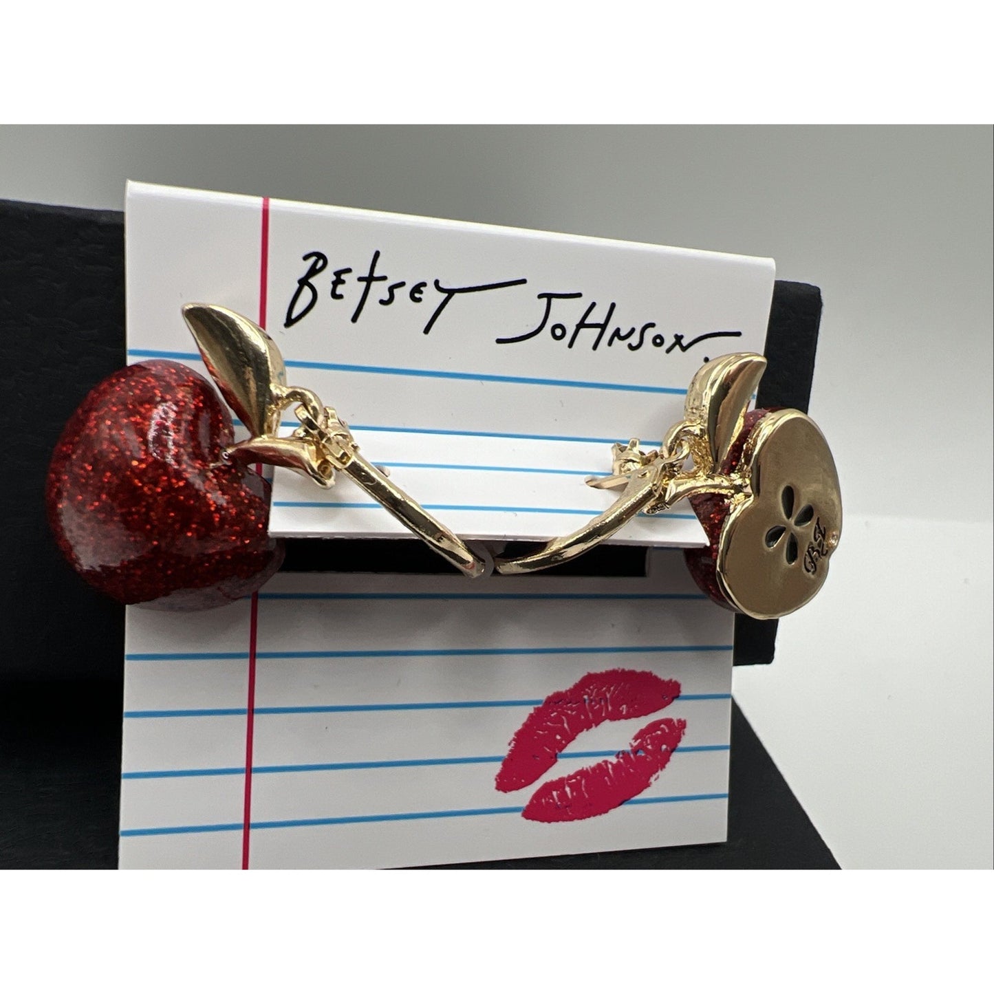 Betsey Johnson Back To School Red Apple Crystal Mismatch Fruit Drop Earrings Set