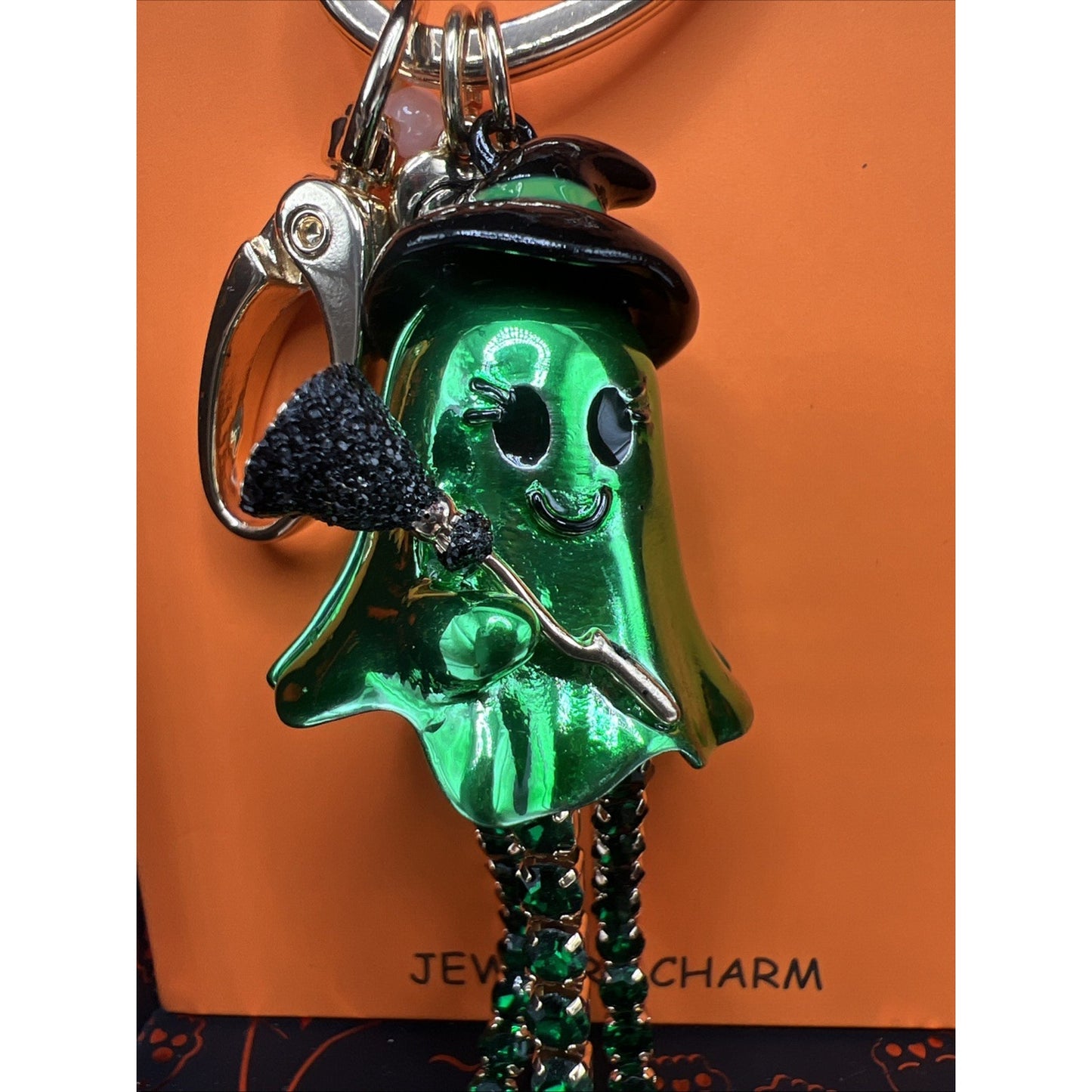 Betsey Johnson Green Ghost Witch With Crystal Bag Charm Halloween Keychain