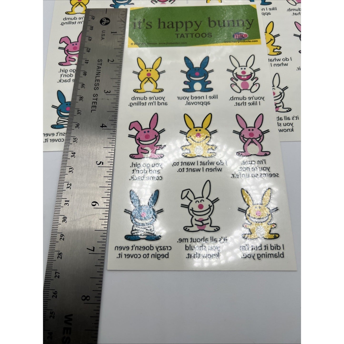 Neo Happy Bunny Temporary Tattoos 2006 Jim Benton Rabbit 5 Sheets 45 Tattoos