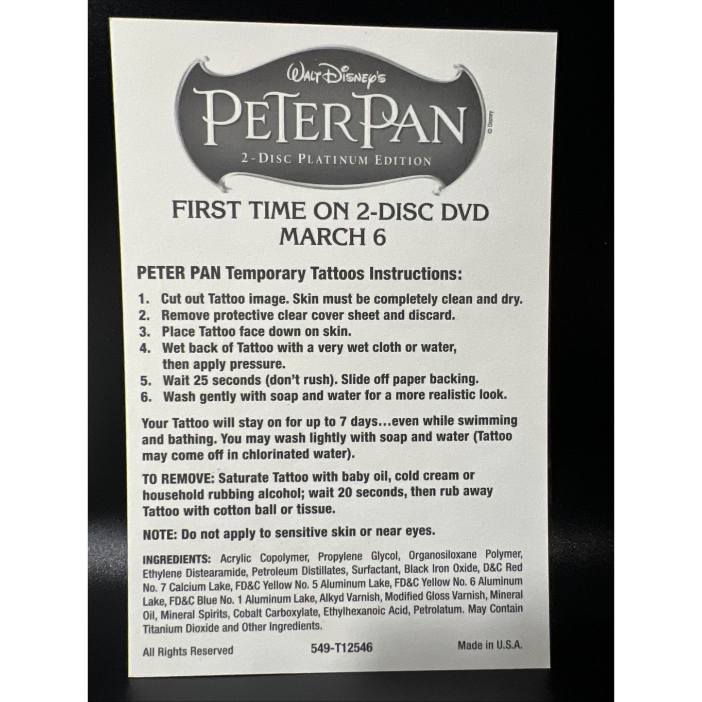 Walt Disney's Peter Pan DVD Temporary Tattoos 6 Sheets Rare Disney Movie Rewards