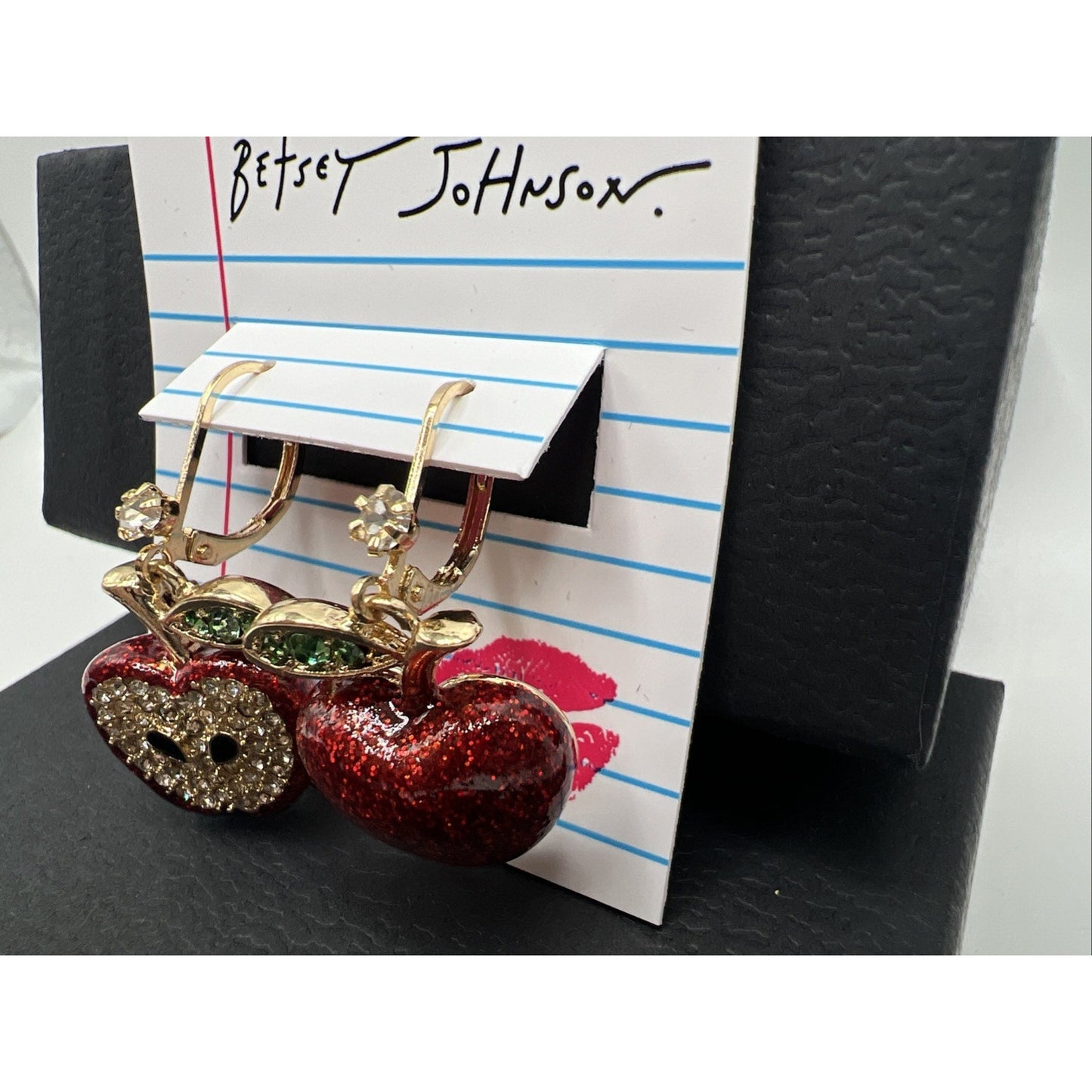 Betsey Johnson Back To School Red Apple Crystal Mismatch Fruit Drop Earrings Set