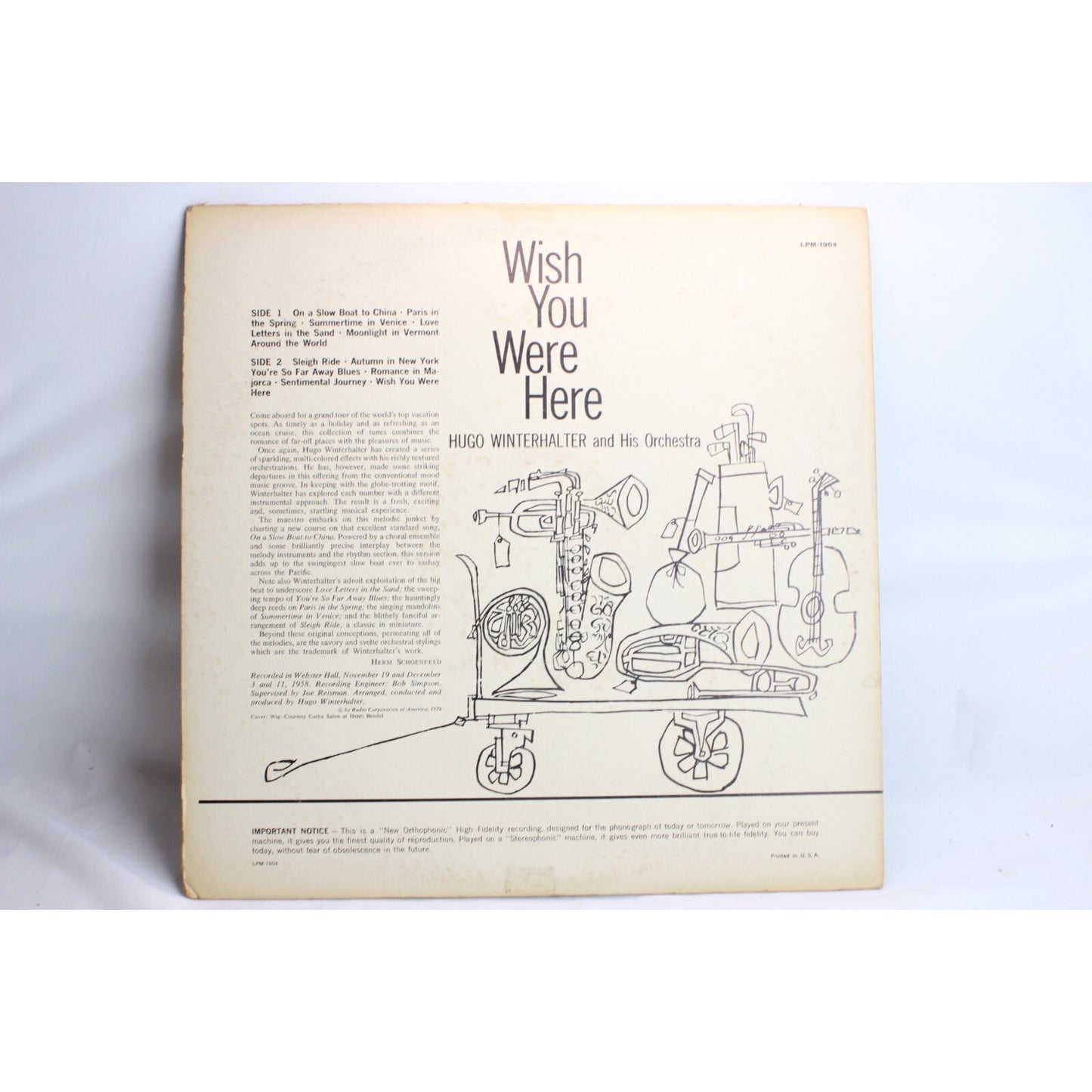 Hugo Winterhalter & His Orchestra Wish You Were Here Vinyl Record Tested Used