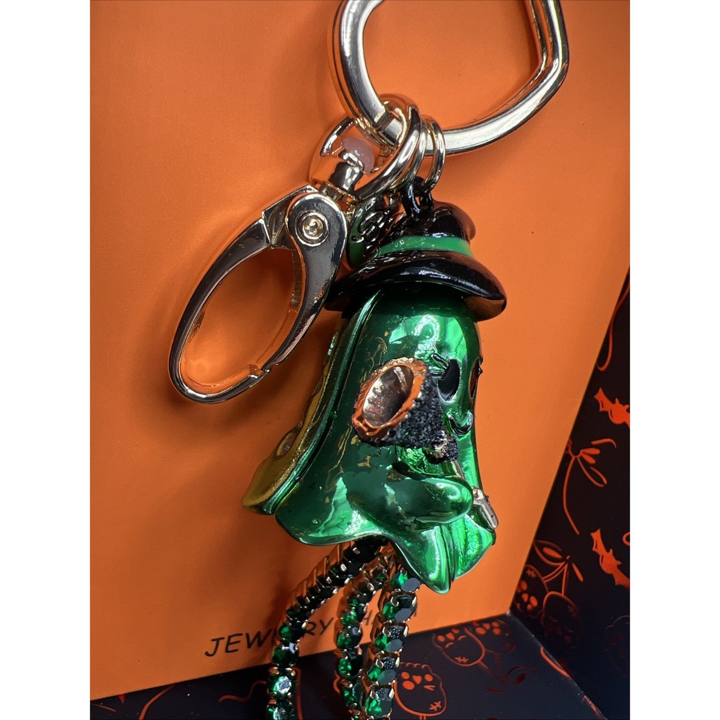 Betsey Johnson Green Ghost Witch With Crystal Bag Charm Halloween Keychain