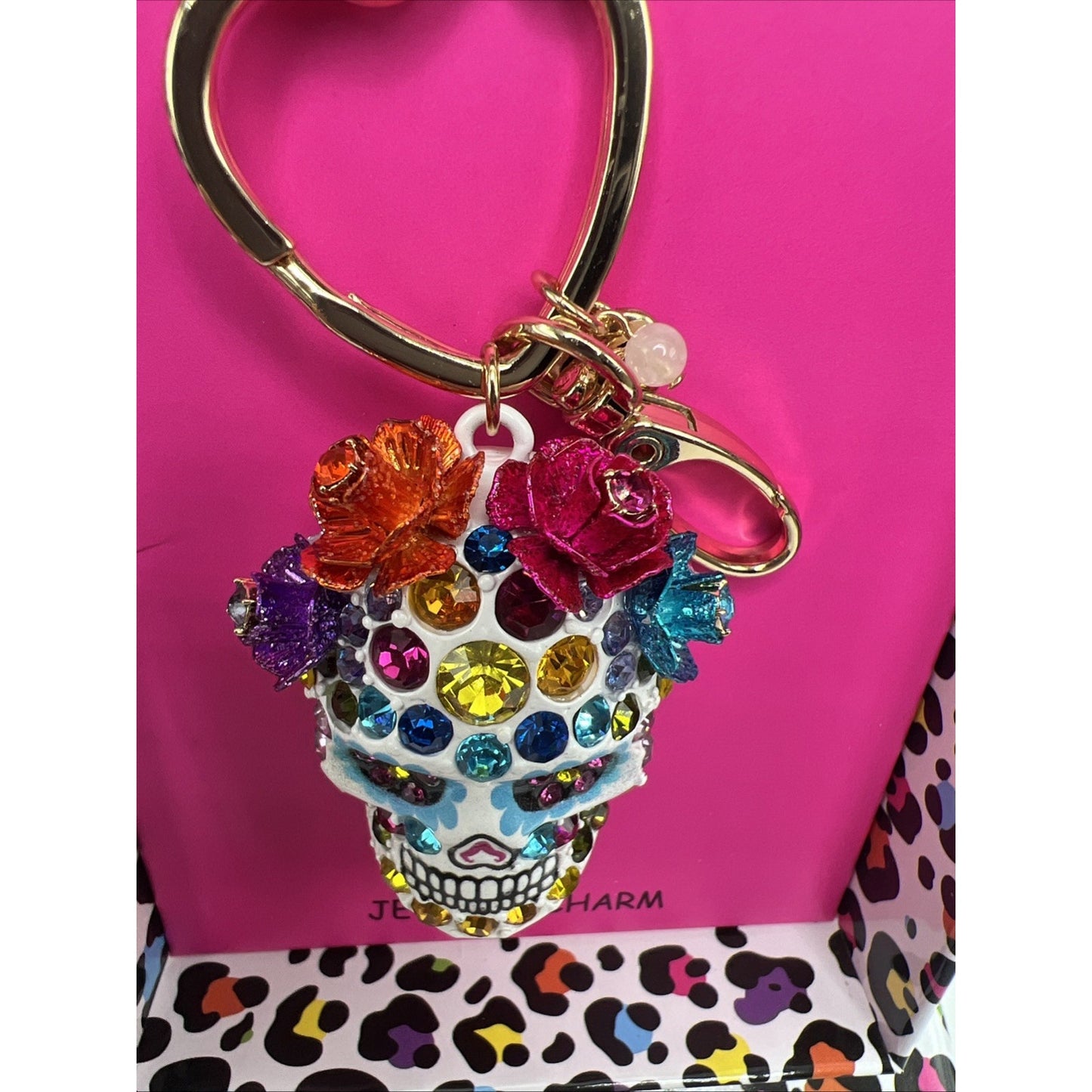 Betsey Johnson White Sugar Skull Jeweled Charm Keychain Bag Charm Day of Dead