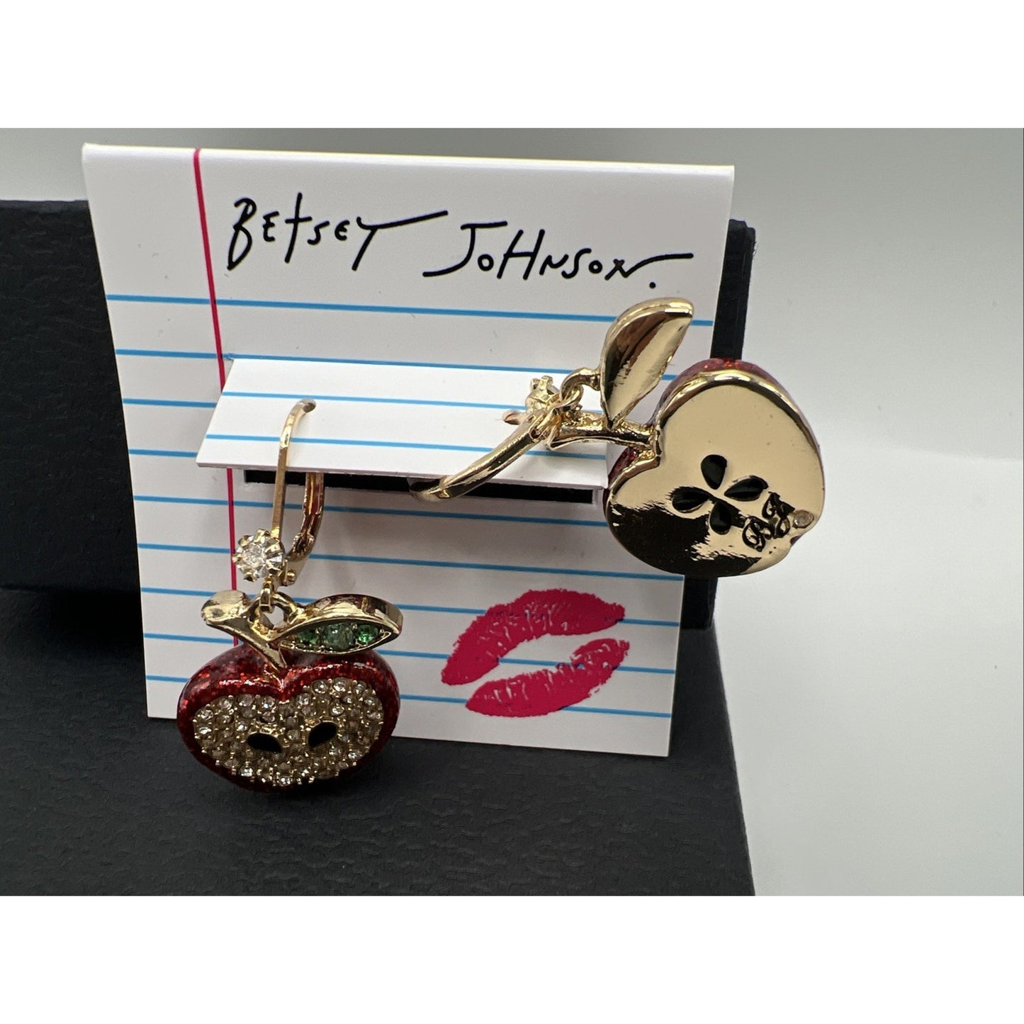 Betsey Johnson Back To School Red Apple Crystal Mismatch Fruit Drop Earrings Set