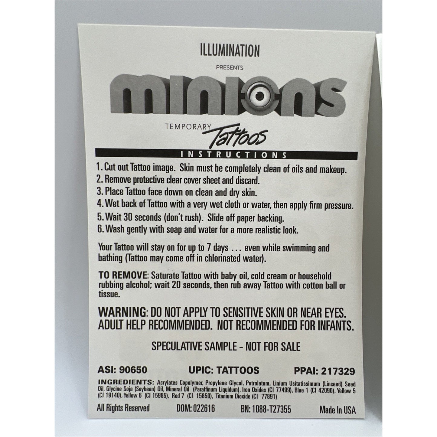 Illumination Minions United Kingdom Temporary Tattoo 6 Sheets Of Tattoos Gru