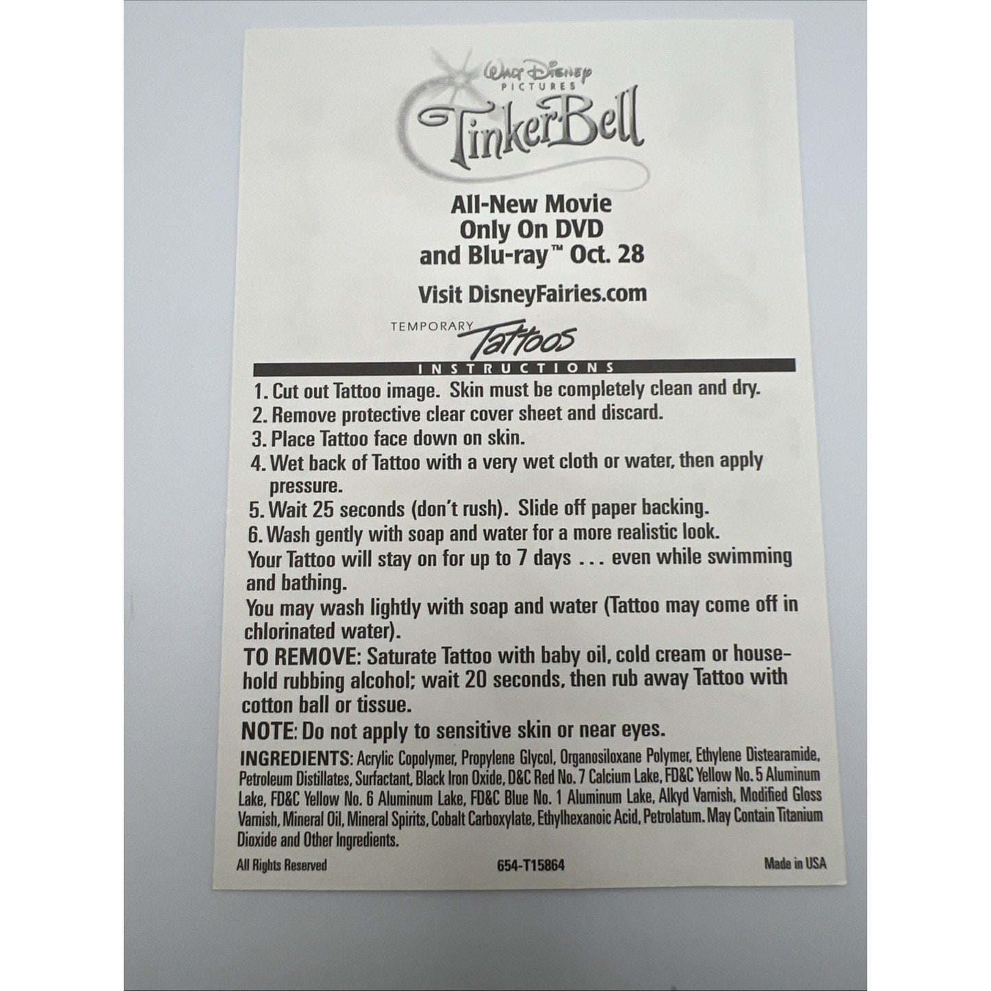 Walt Disney Pictures Peter Pan Tinkerbell Tattoo Temporary Tattoos Fairies Fairy