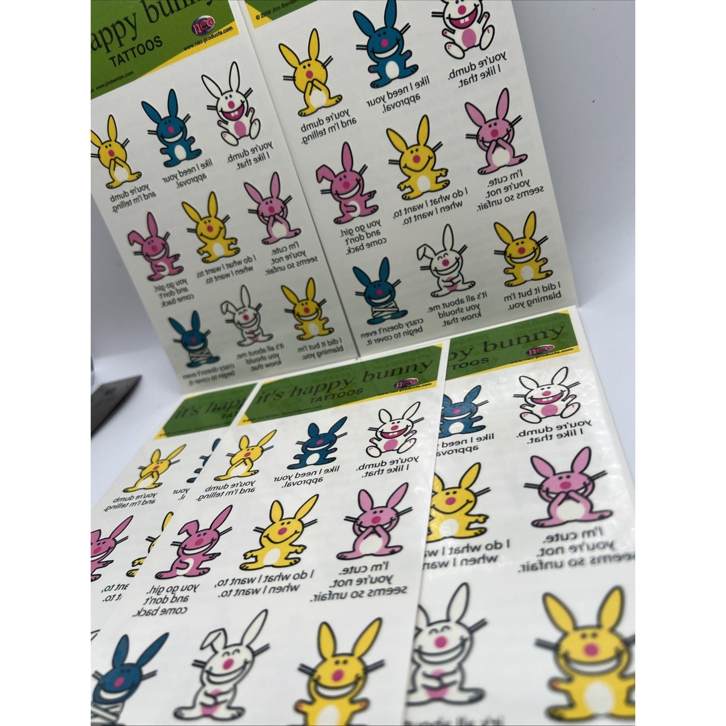 Neo Happy Bunny Temporary Tattoos 2006 Jim Benton Rabbit 5 Sheets 45 Tattoos